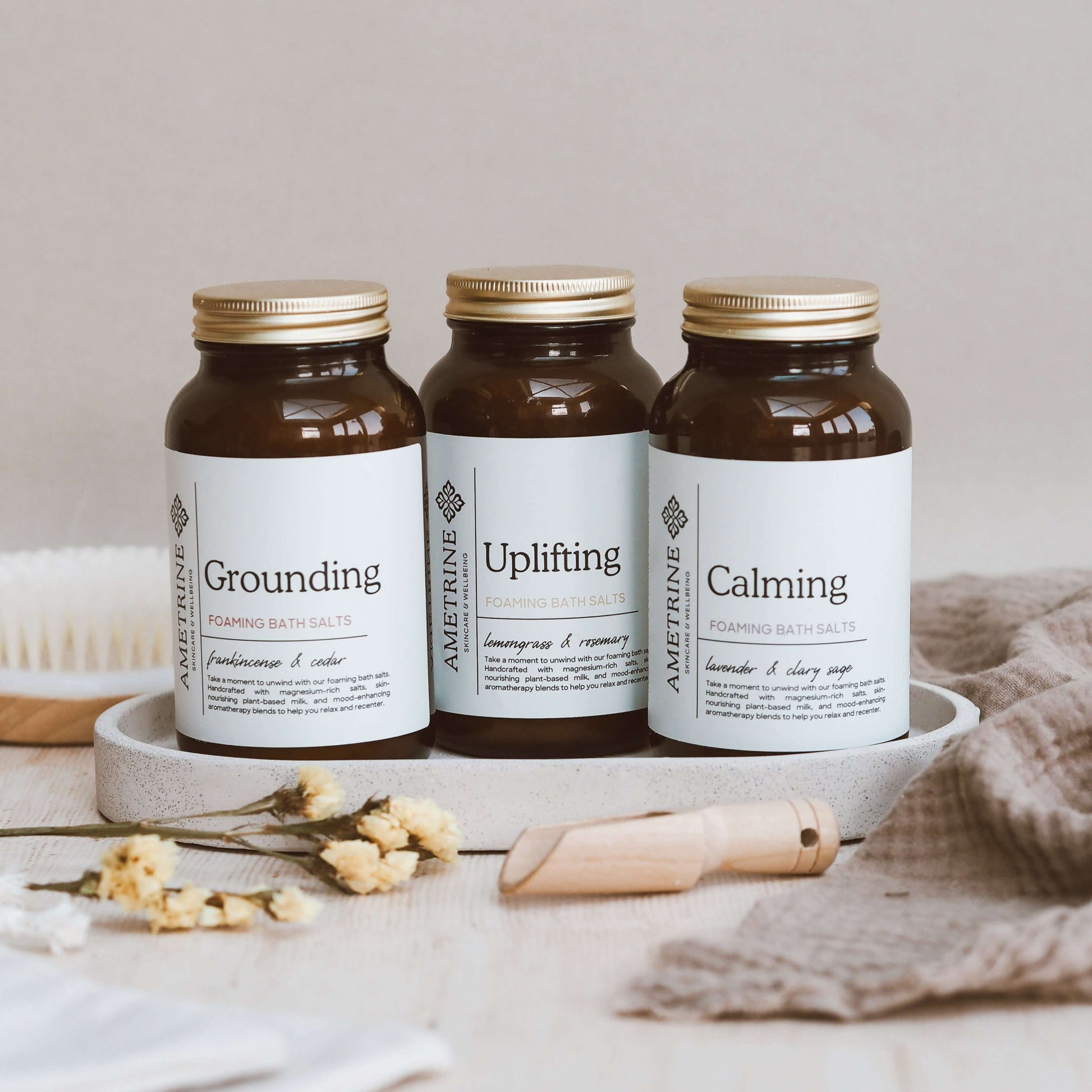 ametrine skin foaming bath salts 250g. grounding foaming bath salts, uplifting foaming bath salts, calming foaming bath salts