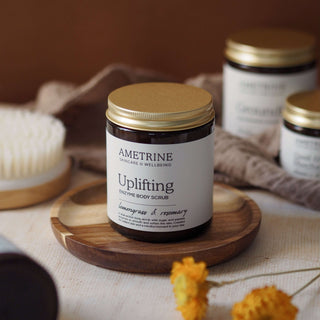 Jar of Ametrine Uplifting Body Scrub with lemongrass and rosemary
