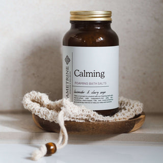 Jar of Ametrine Calming Foaming Bath Salts with lavender, chamomile and clary sage