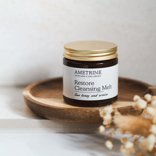 Ametrine Restore Cleansing Melt jar, a balm used to remove makeup without stripping skin